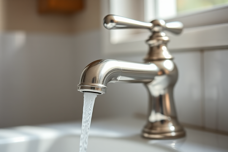 Create a high-resolution illustration of a classic faucet, using a 50mm lens, aperture set to f/8, ISO 100, natural lighting, shot from a slight angle to emphasize details, with a shallow depth of field for a soft background.