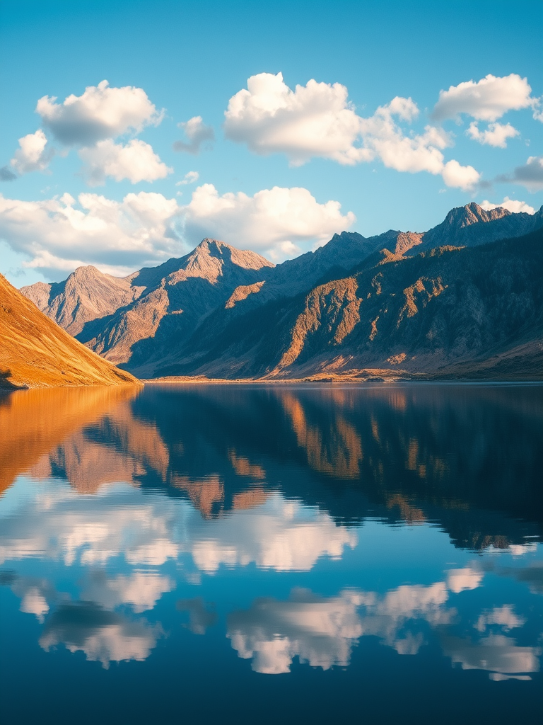 Generate an image of a serene landscape featuring a calm lake reflecting mountains under a clear blue sky with fluffy clouds, captured with a Canon EOS R5, 24mm lens, f/8 aperture, ISO 100, in golden hour lighting.