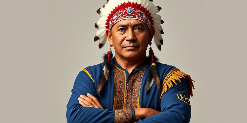 Create a dignified portrait of a Native American man dressed in traditional attire. He wears a beautifully crafted headdress adorned with white feathers and red beads, along with a beaded headband featuring intricate patterns. His clothing includes a deep blue, patterned shirt and a traditional chest piece with detailed beadwork. His arms are crossed, displaying leather armbands decorated with feathers. The background is simple and neutral, emphasizing his proud and stoic expression. The overall image captures the rich cultural heritage and strength of his persona.