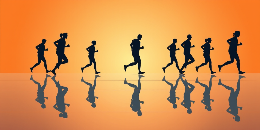 generate a digital illustration of abstract silhouettes of people jogging with reflections on a smooth surface, use a warm orange background, camera settings: f/8 aperture, ISO 100, 50mm lens, camera view: low angle perspective, camera style: minimalistic, camera type: digital art