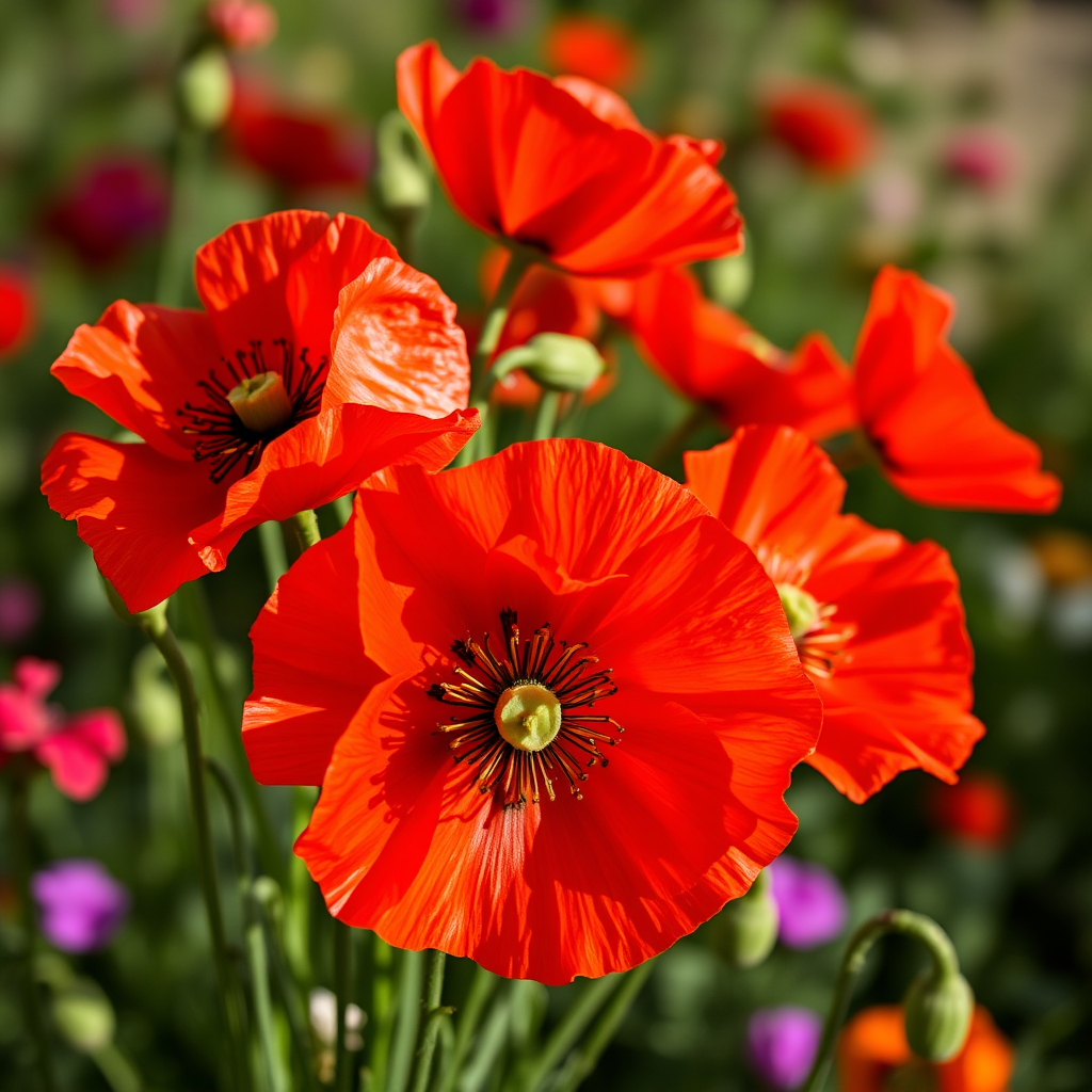 A vibrant bouquet of poppies with intricate details, soft shadows, and a blurred background, shot with a DSLR camera at f/2.8 aperture, ISO 100, in natural light, using a macro lens for enhanced clarity and depth.