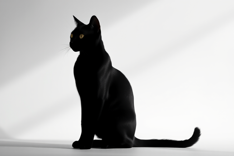 Generate a high-resolution image of a black silhouette of a cat sitting gracefully with an emphasis on smooth curves and elegant posture, captured with a Canon EOS R5, 50mm lens, aperture f/1.8, ISO 100, in natural soft daylight.