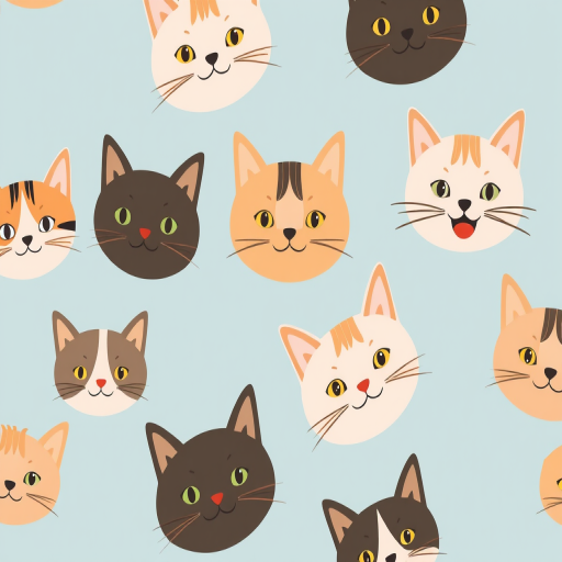 Pattern of various cat faces in a playful design on a soft blue background, high resolution, close-up view, studio lighting, digital illustration style, DSLR camera, f/2.8 aperture, 50mm lens, ISO 100.