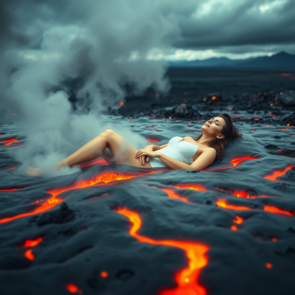 A surreal, detailed image of a woman lying comfortably in flowing lava, with gray smoke rising around her. She appears relaxed despite the molten surroundings, with a volcanic landscape and distant mountains in the background. The scene is vivid, with the bright lava contrasting against the dark, smoky atmosphere.