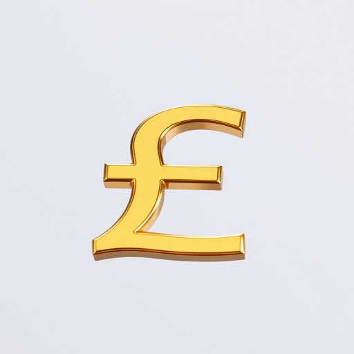 Regenerate an image of a shiny gold pound sterling symbol on a transparent background, using a DSLR camera with a 50mm lens, aperture at f/2.8, ISO 100, shot from a straight-on view with soft natural lighting to enhance reflection and detail.