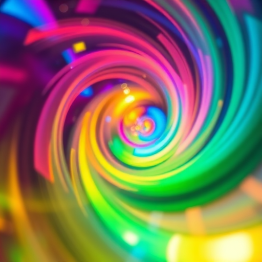 Create a vibrant abstract swirl of colors with dynamic light streaks, high-resolution, f/2.8 aperture, ISO 100, 1/60s shutter speed, use a macro lens for close-up detail, shot from a low angle perspective.