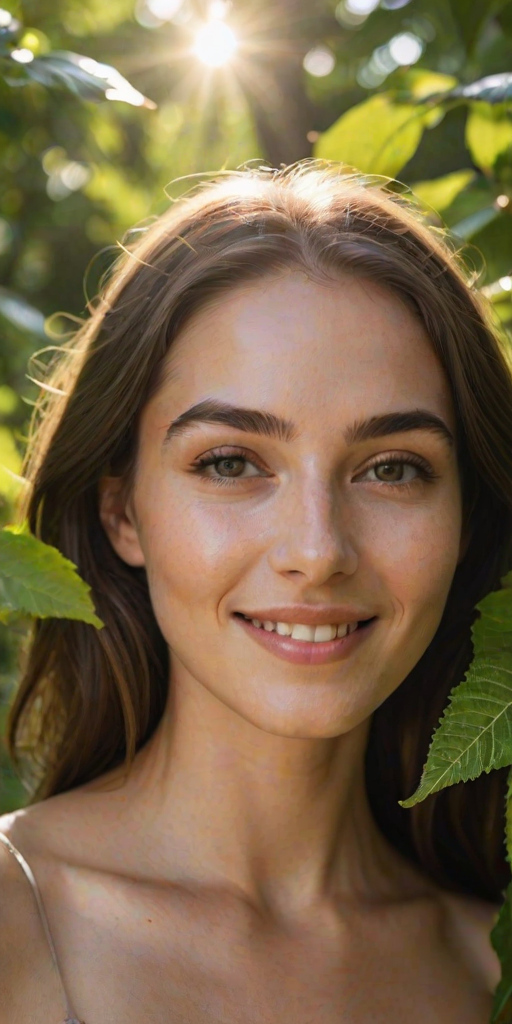 Close-up of a woman’s face adorned with natural makeup, smiling softly against a backdrop of lush greenery, with sunlight filtering through the leaves highlighting her features.