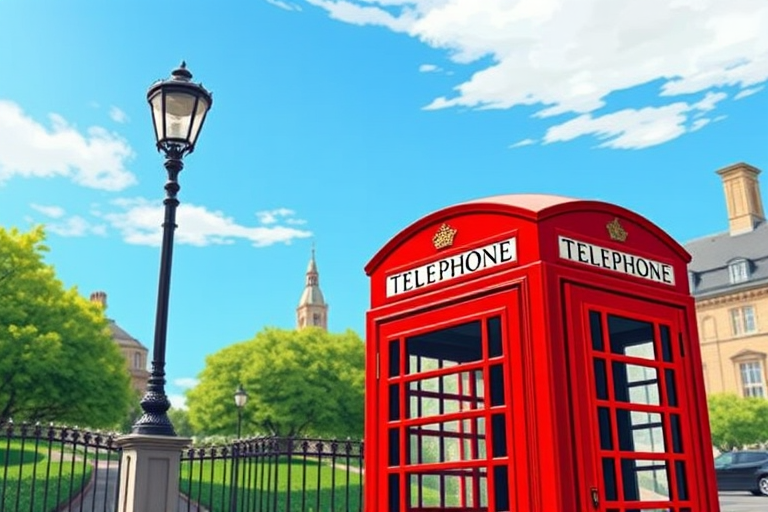Regenerate a detailed illustration of a classic red telephone booth, capturing its iconic design, in a bright and vibrant style, use a wide-angle lens setting for an expansive view, f/8 aperture for a deep depth of field, and 1/125 shutter speed to ensure clarity, in a digital art style resembling high-resolution vector graphics.