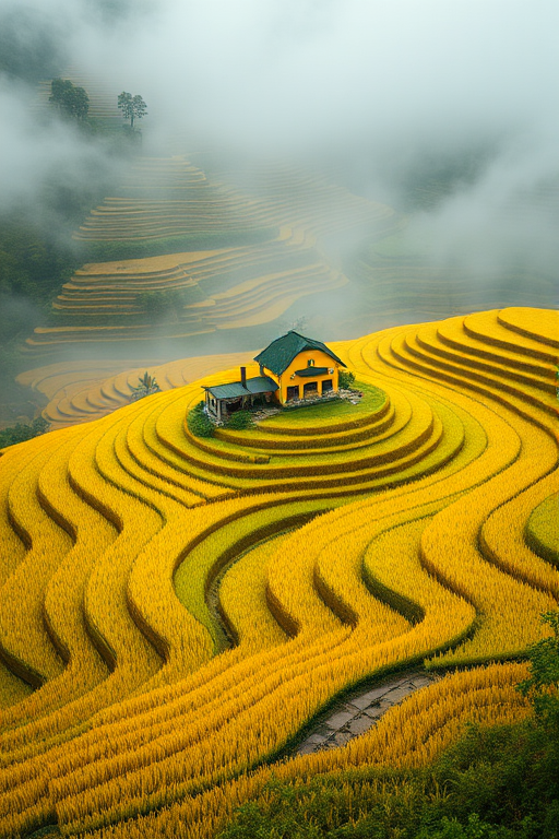 Generate a high-resolution image of terraced rice fields shrouded in mist with a single yellow house in the center, using a Canon EOS R5 camera, 24mm lens, f/8 aperture, 1/200 sec shutter speed, and ISO 100 for vibrant colors and details.