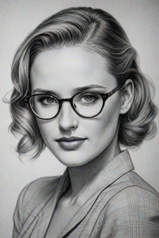 Fascinating Shantel VanSanten, pencil sketch, portrait of Sublime woman 1939s in glasses, hair style beatnik, outline, clear lines, fine lines, 8k