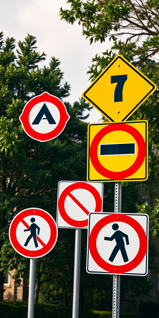 Create an image featuring various road signs such as a yellow diamond warning sign, a no entry symbol, a no pedestrian symbol, and a crossing sign, shot with a DSLR camera at f/8 aperture, ISO 200, 50mm lens, top-down view, daylight settings.