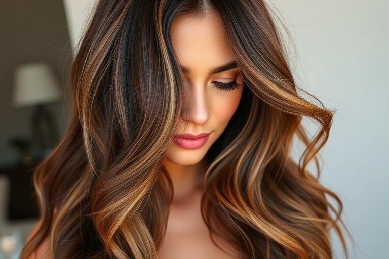 Rich chocolate brown hair styled in loose, beachy waves with subtle caramel balayage highlights, exuding effortless elegance in the "Sun-Kissed Mocha" look
