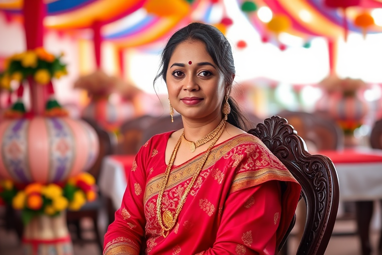 regenerate the image of a woman in traditional attire seated in a festive setting with colorful decorations, camera settings: f/2.8, ISO 100, shutter speed 1/200, camera view: portrait, camera style: vibrant colors, camera type: DSLR