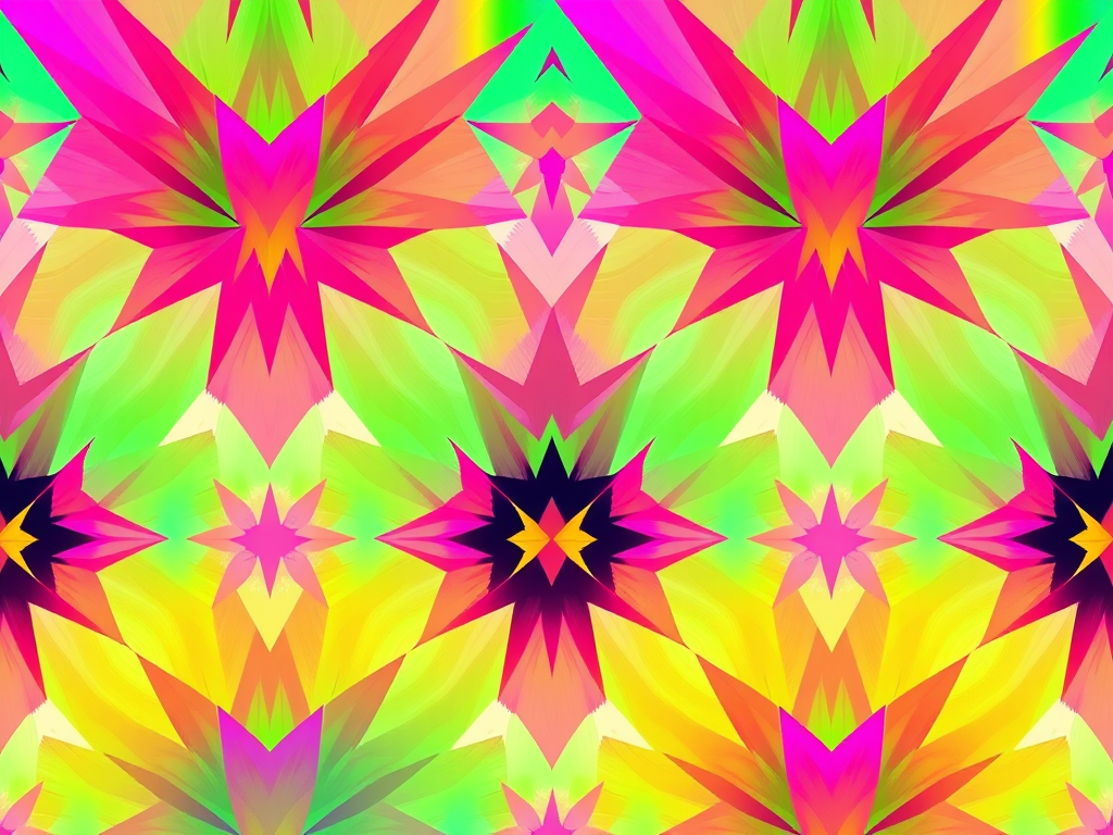 Create an abstract digital pattern featuring vibrant colors like pink, green, yellow, and blue with sharp geometric shapes, shot with a Canon EOS R5 at f/8, ISO 100, 1/125s in landscape orientation using a high-resolution digital art style.