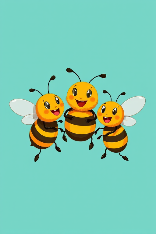 Create a vibrant, cartoon-style illustration of three playful bees on a solid teal background, using a Canon EOS R5 with a 50mm f/1.2 lens, aperture set at f/2.8, ISO 100, and a shallow depth of field for a smooth bokeh effect.