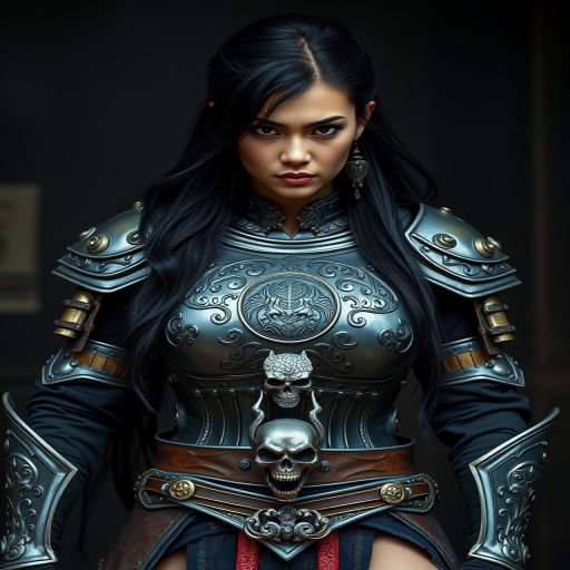 Create a photo of a fierce Bhutanese female warrior with long black hair, wearing an ornate, metallic armor. The armor includes a breastplate with intricate designs, shoulder guards, and gauntlets. The breastplate is decorated with a central emblem, possibly representing a mythical symbol, and has a sculpted, form-fitting design. She wears a belt with a large skull ornament at the center, and her armor extends into a partial skirt, revealing one leg. The overall look is both protective and stylish, with a dark, gothic aesthetic. The background is dimly lit, suggesting a medieval or fantasy setting, enhancing the warrior's imposing presence and intense expression.