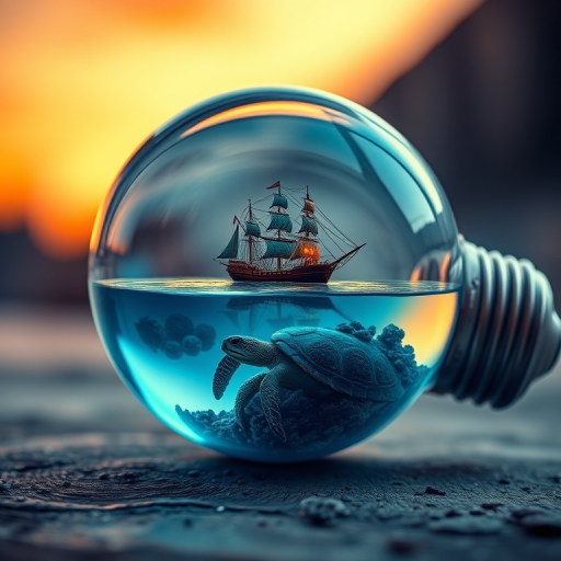 Create a surreal image of a glass bulb containing an aquatic scene with a turtle and a ship, with a small island emerging from the bulb's opening, captured using a DSLR camera at f/8, ISO 100, 24mm lens, in a high-dynamic range style, with soft focus on the background and vibrant colors.
