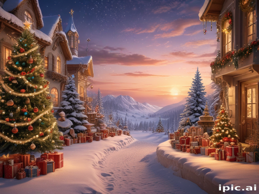 Charming Winter Village Scene with Christmas Trees and Snow-Covered Pathway