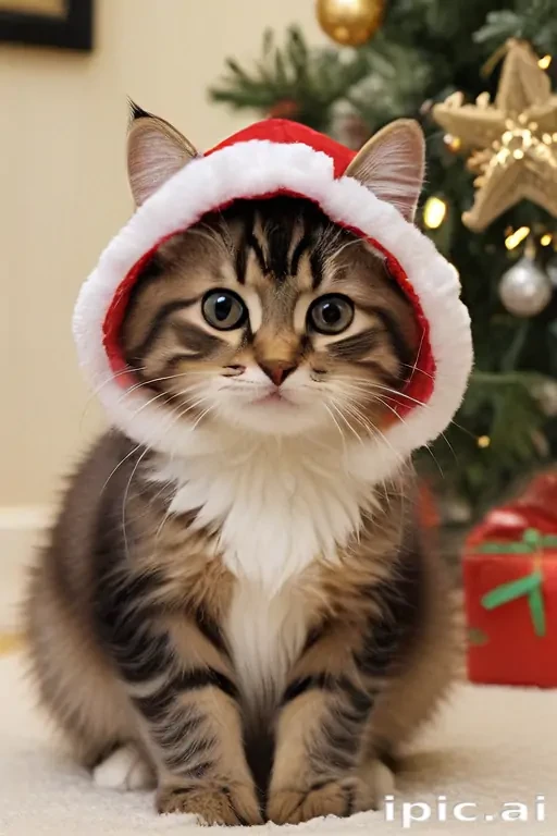 A Festively Dressed Cat in a Santa Hat by the Christmas Tree