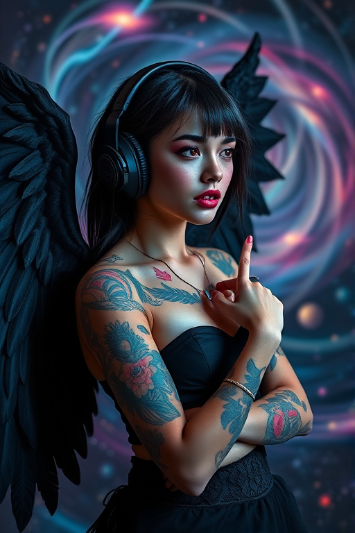 Create a high-resolution image of a dark fantasy woman with black wings, wearing headphones and showcasing vibrant tattoos, set against a cosmic background with swirling colors, captured with a Canon EOS R5, 50mm lens, f/1.8 aperture, ISO 100, and a soft focus style for dramatic lighting.