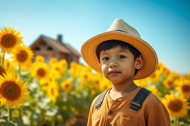 A young boy with short black hair wearing a straw hat and rustic clothing stands in a vibrant sunflower field, with a cozy wooden cabin visible in the background under a bright blue sky, captured with a Canon EOS R5 at f/1.8, ISO 100, 50mm lens, using natural lighting and a shallow depth of field to enhance image quality.
