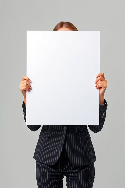 Create an image of a businesswoman in a pinstripe suit holding a large blank poster board in front of her face, use a DSLR camera with a 50mm lens, f/2.8 aperture, ISO 100, 1/200 sec shutter speed, in a well-lit studio environment with softbox lighting for an even, clear image.