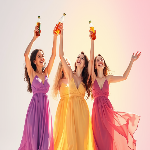 Create a vibrant illustration of three joyful women in flowing dresses celebrating, holding bottles aloft, captured with a 50mm lens, aperture f/2.8, ISO 100, in a bright studio setting with soft lighting for enhanced colors and details.