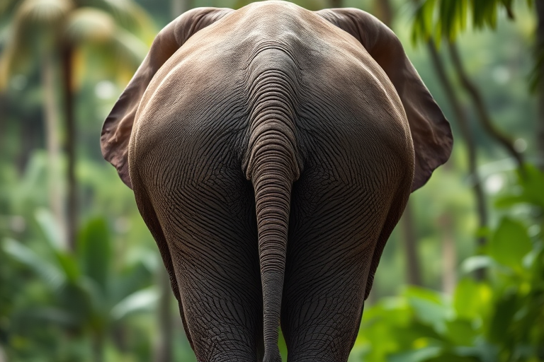 Capture a close-up shot of an elephant from behind, showcasing its textured skin and tail, with a shallow depth of field to blur the background, taken with a Canon EOS 5D Mark IV, aperture f/2.8, ISO 400, shutter speed 1/250s, natural light in a tropical forest setting.