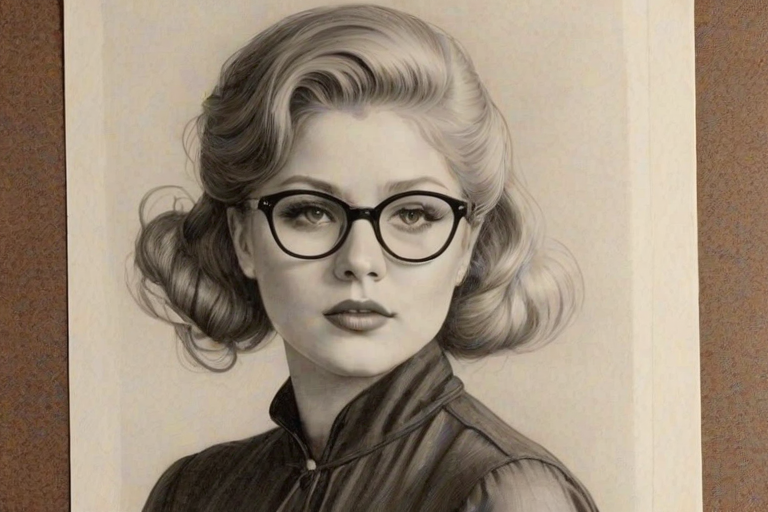 Sublime Renee Olstead, pencil sketch, portrait of Magnificent woman 1925s in glasses, hair style beatnik, outline, clear lines, fine lines, 8k
