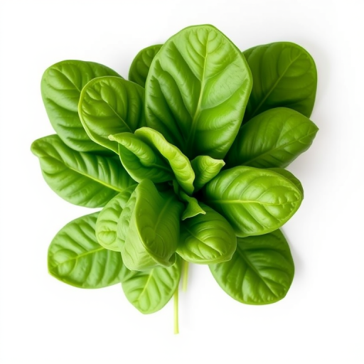Create a high-resolution digital illustration of fresh spinach, with vibrant green colors and detailed leaf textures, captured with a 50mm lens at f/2.8 aperture, natural lighting, taken from a top-down view using a DSLR camera for enhanced clarity and depth.