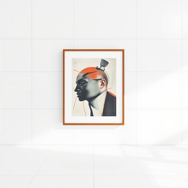 Generate a high-quality image of an abstract framed artwork on a clean white wall with glossy tiles, using a DSLR camera, 50mm lens, f/2.8 aperture, ISO 100, 1/60 sec shutter speed, centered composition, natural lighting.