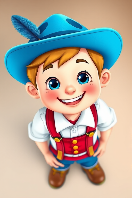 Create a vibrant illustration of a cartoon Bavarian boy wearing a blue hat with a feather, a white shirt, red suspenders, and blue shorts, with a friendly smile, in high resolution, shot with a digital camera at f/4.0 aperture, ISO 100, 50mm lens, top-down view, using soft natural lighting for enhanced colors and clarity.