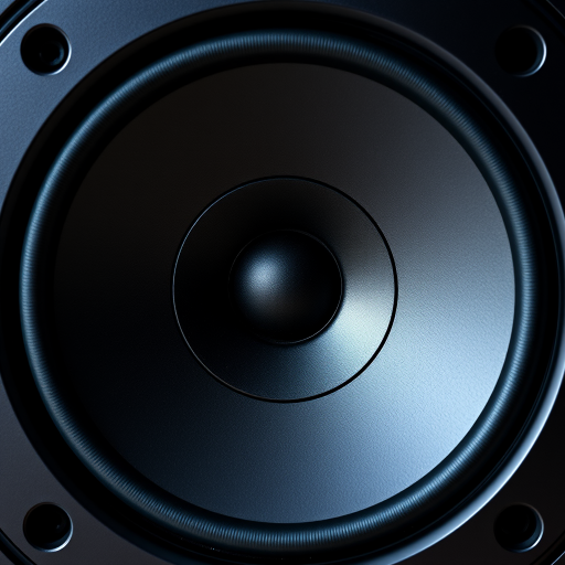 Create a high-resolution image of a circular black speaker with a metallic finish, using a DSLR camera with a 50mm f/1.8 lens, aperture set to f/2.8, ISO 100, and shot from a top-down angle with soft lighting to enhance details and reflections.