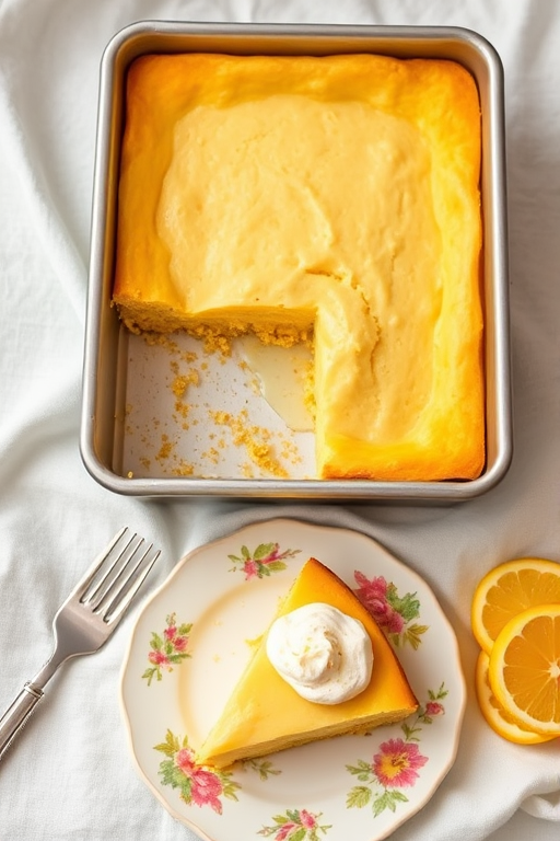 A delicious lemon dessert cake served in a silver rectangular pan with a slice on a floral plate garnished with whipped cream and crumbs, surrounded by forks and a lemon slice on a light fabric background.