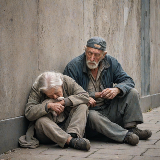 beautifully weathered old homeless veteran sitting on the ground slumping against the wall of a building with his eyes closed. there is an Ethereal, translucent figure of a beautiful elderly woman comforting him