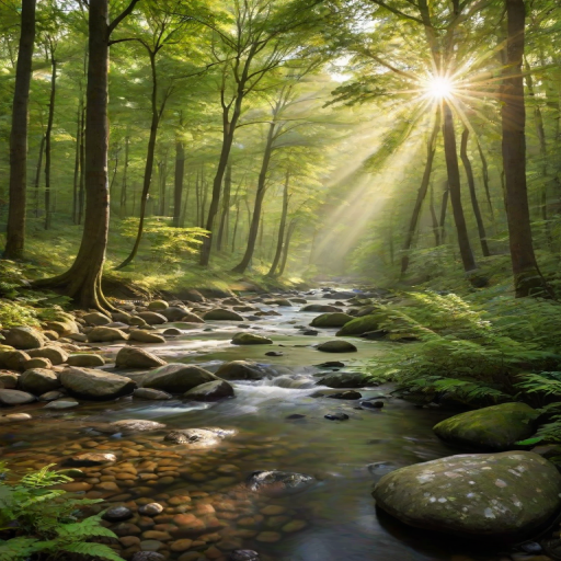 Create an image of a serene, sunlit forest scene with a clear, gently flowing river. Tall trees with lush green foliage line both sides of the river, their leaves bathed in the warm golden light of the setting or rising sun. The sunlight filters through the trees, casting soft, dappled light on the river, which flows over smooth rocks and pebbles, creating a peaceful, natural atmosphere. The sky is bright with a few scattered clouds, and the overall mood is tranquil, evoking a deep sense of connection with nature. The image captures the beauty of a calm, pristine forest landscape at either dawn or dusk.
