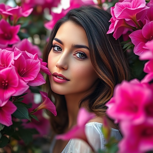 Portrait of a woman surrounded by vibrant pink flowers, soft focus, shallow depth of field, natural light, ISO 100, f/2.8, 85mm lens, shot from eye level, using a DSLR camera.