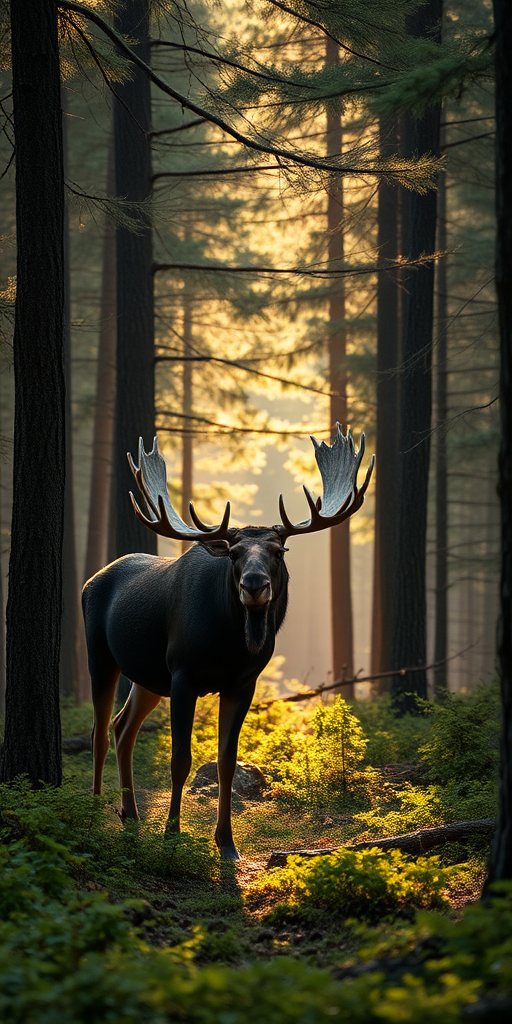 Moose standing in a dense forest with soft sunlight filtering through the trees, captured with a DSLR camera at f/5.6, ISO 400, 1/200 sec, in a wide-angle view to emphasize the surrounding nature and rich textures.