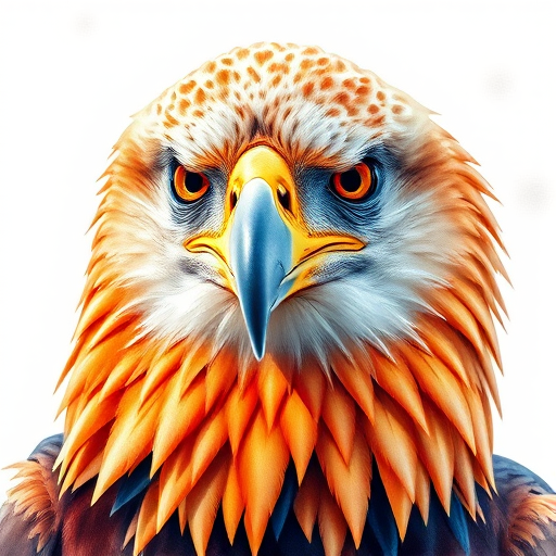 Create a highly detailed watercolor illustration of a majestic eagle with vibrant orange, red, and blue feathered plumage, capturing its intense gaze, with a soft-focus background, using a Canon EOS R5, 50mm lens, f/1.8 aperture, ISO 100, and shot at 1/200 sec to enhance depth and clarity.