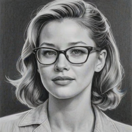 Graceful Sarah Roemer, pencil sketch, portrait of Alluring woman 1946s in glasses, hair style beatnik, outline, clear lines, fine lines, 8k