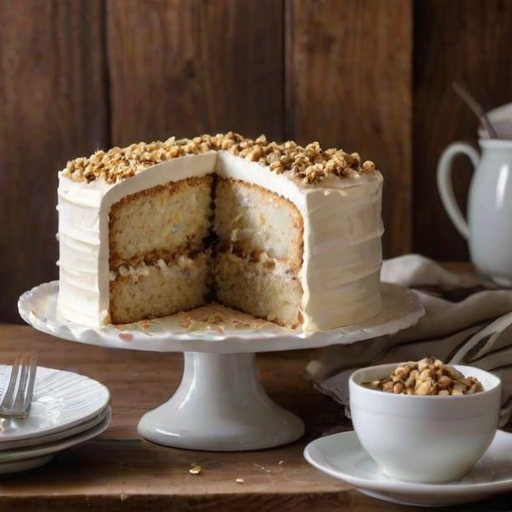 Generate an image of a three-layer cake with a light cream frosting. The cake has a texture that suggests it is moist and fluffy, with a sprinkle of crushed nuts on top. One slice is cut out, showcasing the layers inside. The cake is displayed on a simple white cake stand, with a rustic background.
