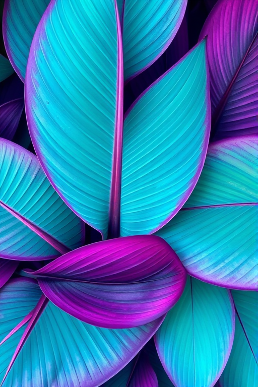 vibrant tropical leaves pattern with shades of turquoise and purple, high resolution, ISO 100, f/4, 50mm lens, top-down view, macro photography