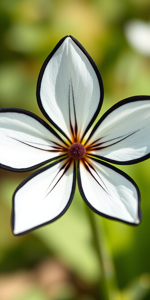 Create a detailed illustration of a stylized flower with six pointed petals, featuring a clean black outline and white interior, shot in macro view with a DSLR camera at f/2.8 aperture, ISO 100, shutter speed 1/200s, with natural lighting to enhance the clarity and contrast of the image.