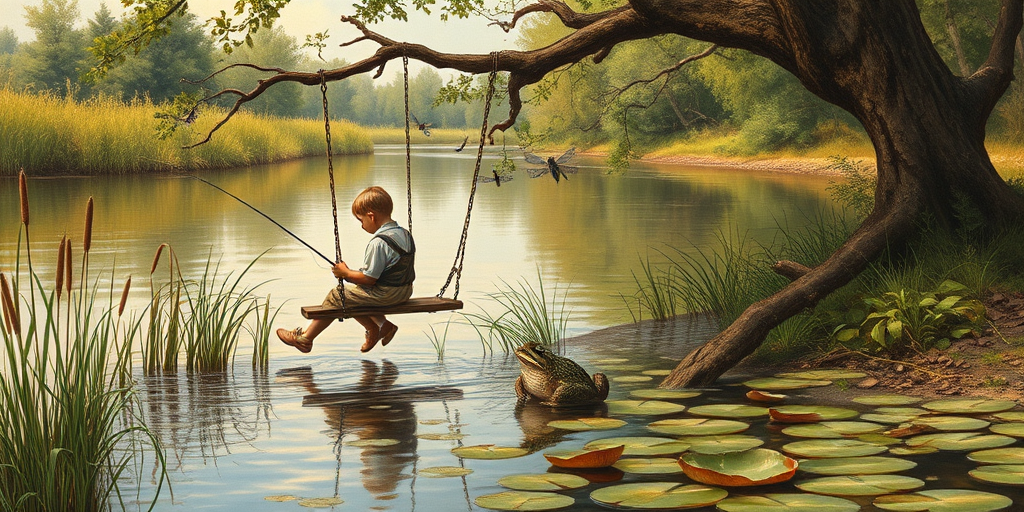 Imagine a small group of old fashioned young boys out fishing by the creek, a swing hanging from a tree branch, reeds and grasses by the water's edge, a frog sitting on a lily pad, dragonflies hovering over som water plans, a very iconic old fashioned scene reminiscent of a Norman Rockwell painting style