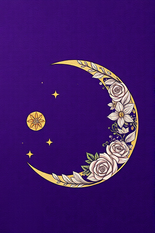 create a detailed illustration of a crescent moon adorned with intricate floral patterns and surrounded by small stars against a deep purple textured background, using a DSLR camera with a 50mm lens, aperture set to f/1.8, ISO 100, and a shallow depth of field to enhance the design and colors.