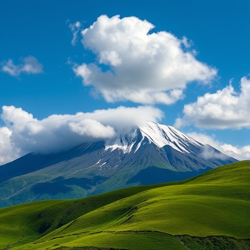snow-capped mountain peak with clouds rolling in front, vibrant green hillside, blue sky with fluffy white clouds, taken with a Canon EOS 5D Mark IV, aperture f/8, ISO 100, shutter speed 1/200 sec, landscape view, high definition, natural lighting