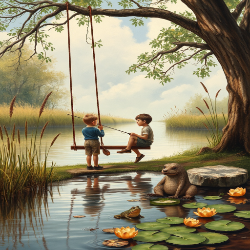 Imagine a small group of old fashioned young boys out fishing by the creek, a swing hanging from a tree branch, reeds and grasses by the water's edge, a frog sitting on a lily pad, dragonflies hovering over som water plans, a very iconic old fashioned scene reminiscent of a Norman Rockwell painting style