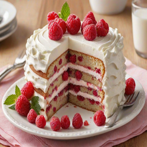 Generate an image of a slice of layered cake with white frosting and raspberry filling, showcasing its fluffy texture and vibrant red raspberries. The cake should appear moist and inviting, with decorative whipped cream on the sides.