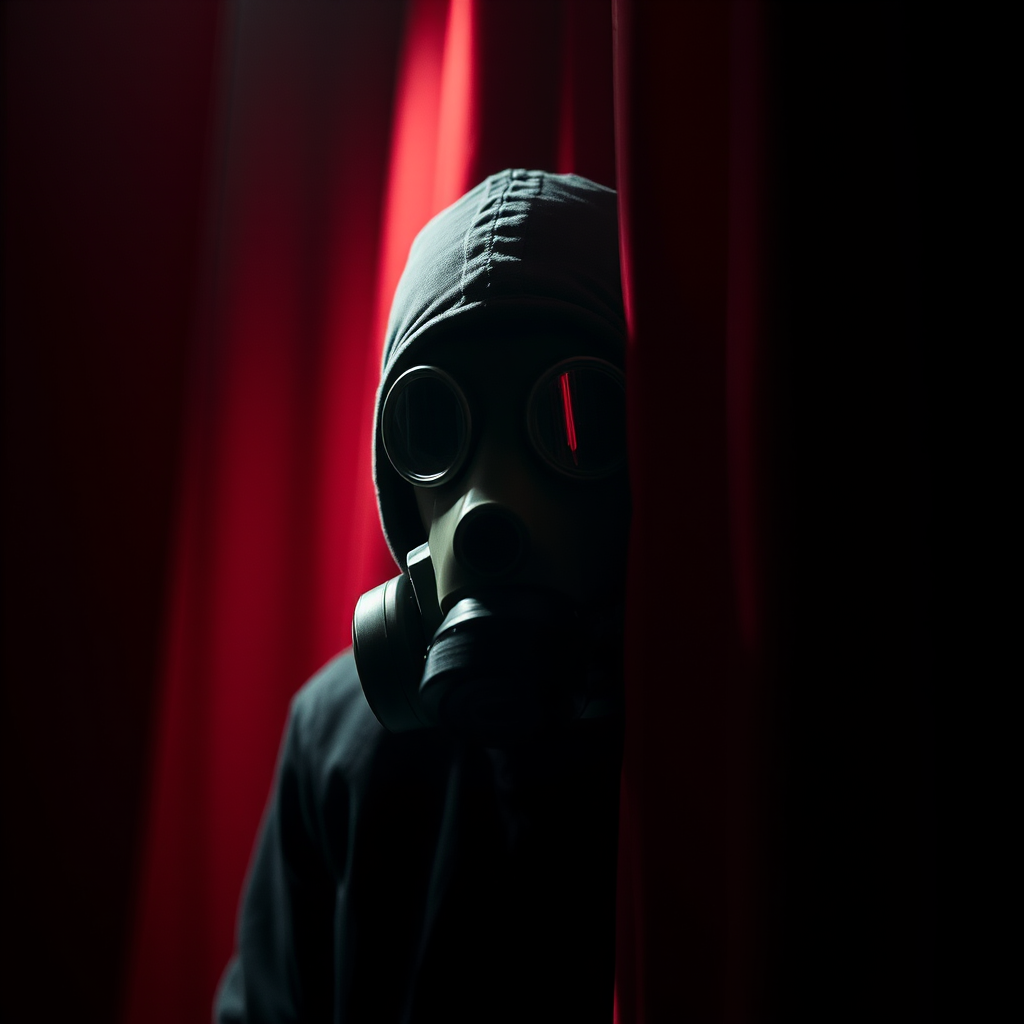 Regenerate the image of a figure in a gas mask peering from behind red curtains in a dimly lit setting using a DSLR camera, 50mm lens, aperture f/2.8, ISO 100, f/4 shutter speed, high dynamic range style, shallow depth of field, and low key lighting.