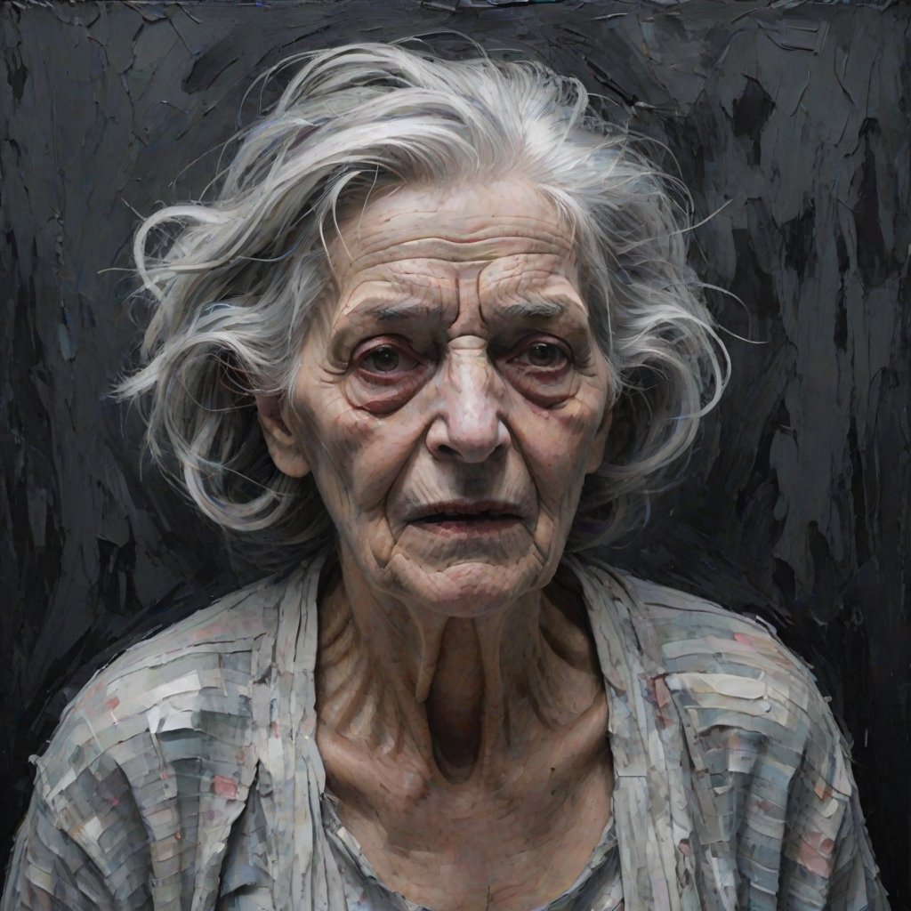 Final exit party. Dark Moody impasto dark picture edges. old woman. grey untidy hair streaked with white and pastel muted colours. include whole head and neck and shoulders. death lurks in the background.